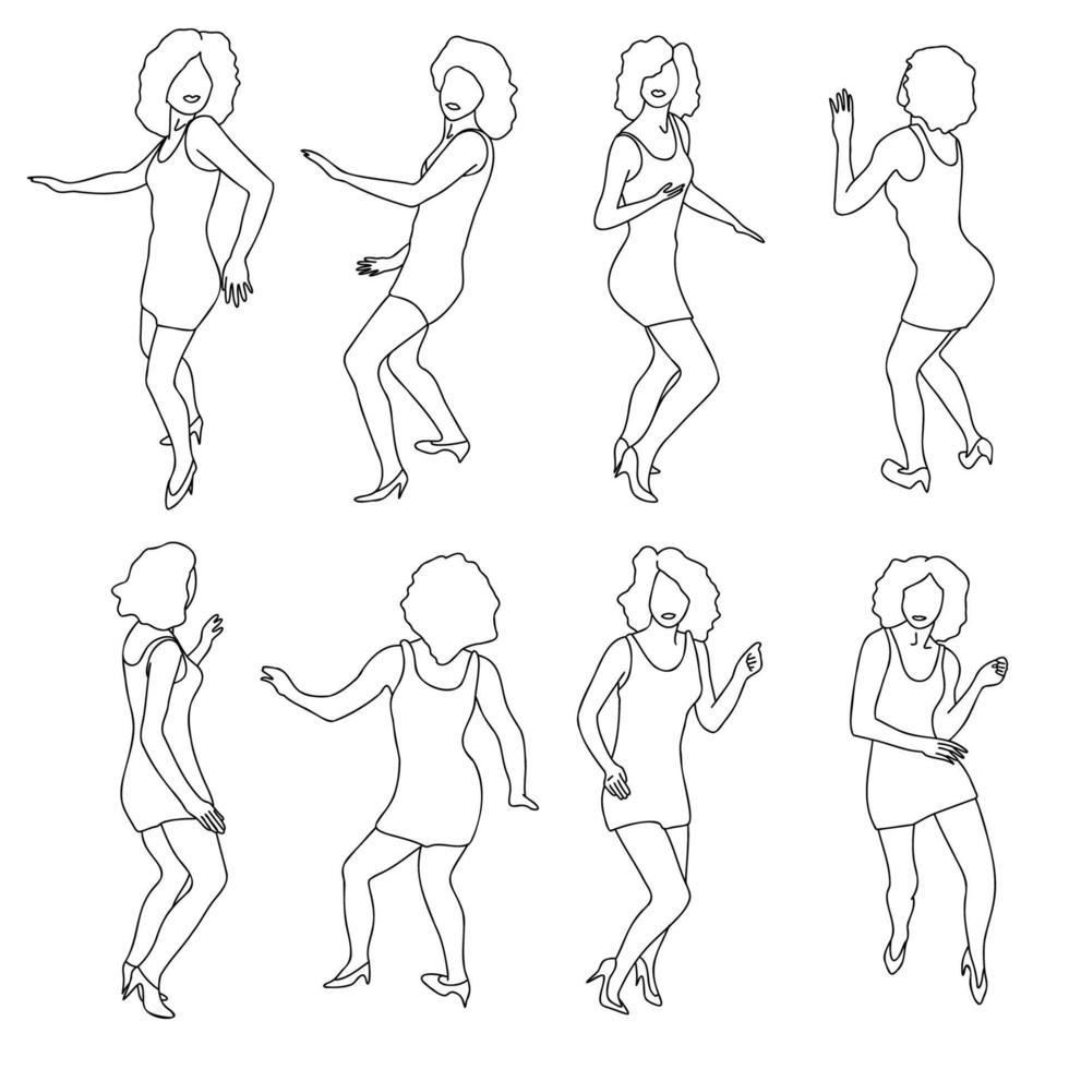satz von skizzentinte handgezeichnete tanzende lockige damen in verschiedenen posen. Doodle-Sammlung von Tänzerinnen-Konturen, Disco-Party-Charaktere. Vektordarstellung von sich bewegenden Körpern vektor