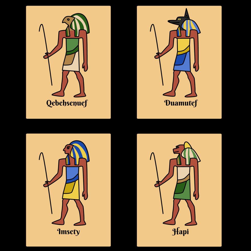 forntida egypten kort set, gud horus söner stiliserade bilder och namn manus. fyra gudar schakal, falk, människa, cynocephalus. canopic burkar väktare vektor illustration