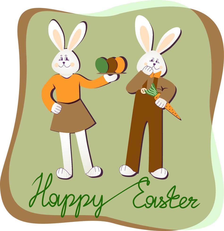 Frohe Ostern Postkarte Hase, Eier, Karotte, einzeilige Textvektorillustration vektor