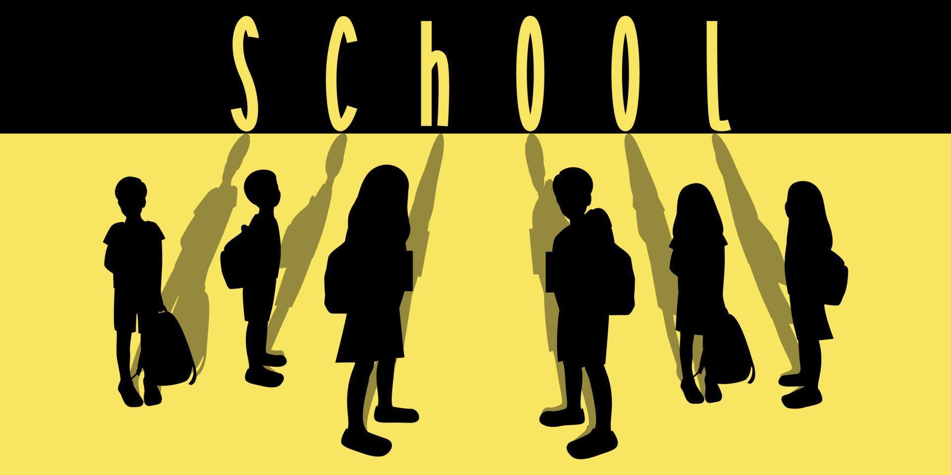 affisch eller banner koncept av skolbarn silhuetter med skuggor, elever med ryggsäckar, bakgrundstext skola svart och gul vektorillustration vektor