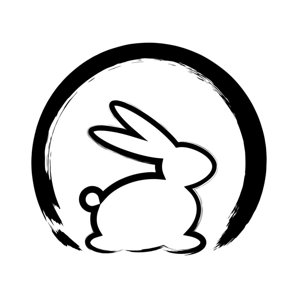 Vektor schwarze Silhouette, Hase im Kreis. Frohe Ostern. Pinselstriche Handzeichnung eines Kaninchens. Symbol des Jahres 2023.