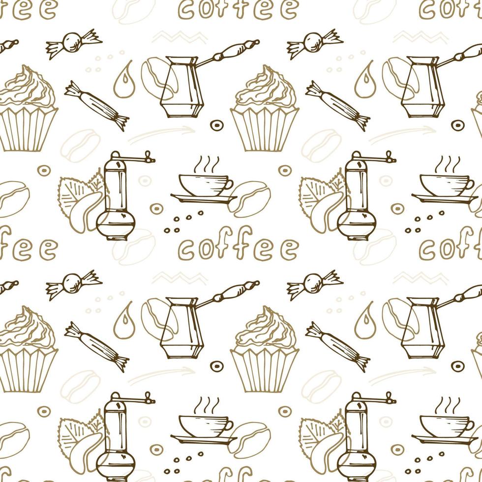handgezeichnete kaffeegekritzelgetränke, desserts, bohnen und andere verwandte gegenstände. Vektor nahtlose Muster