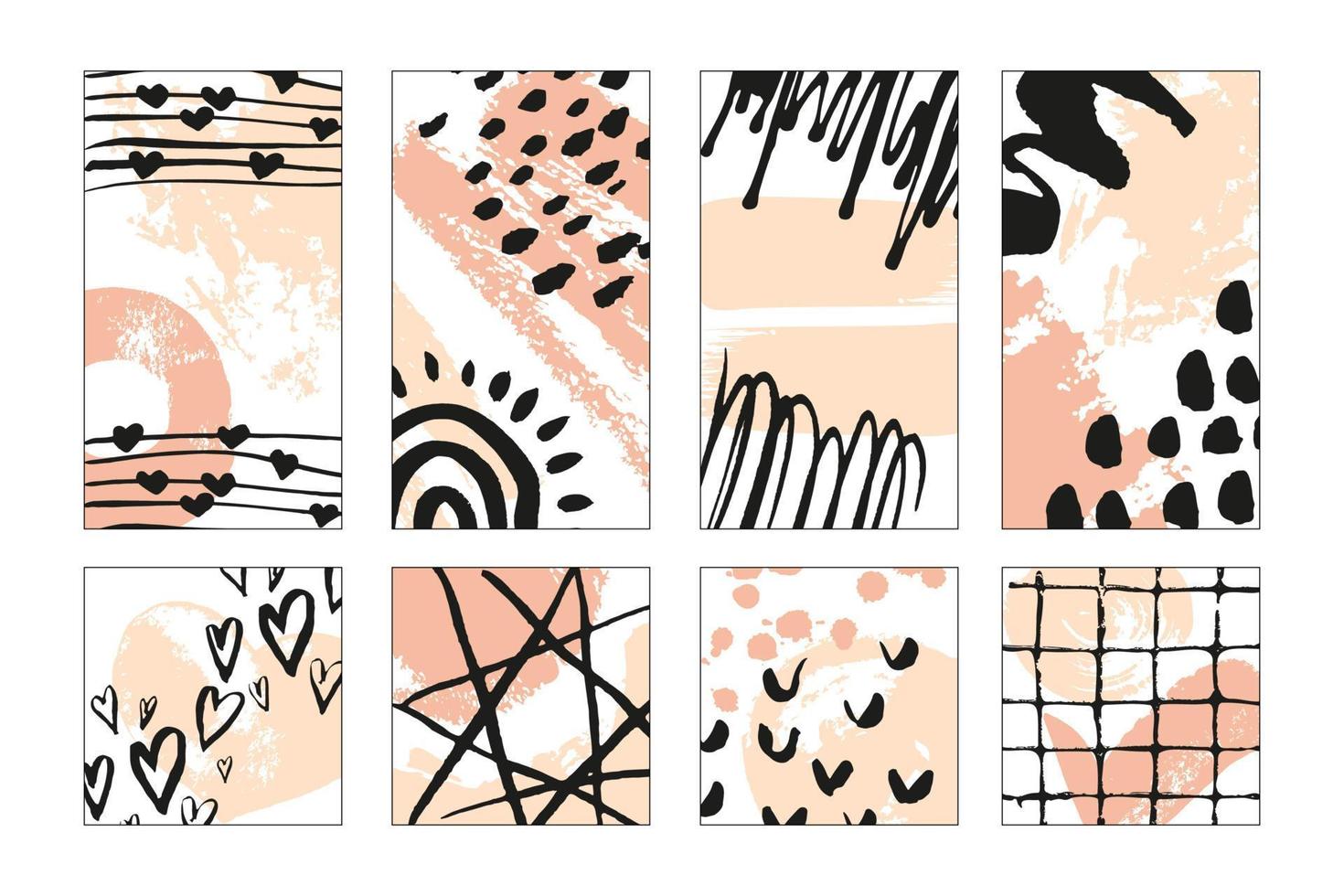 ikoner för berättelser i sociala medier. handritade mallar. vektor abstrakt bakgrunder. set med olika omslag. olika former, linjer, fläckar, prickar doodle objekt.
