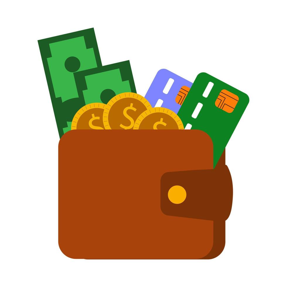 en plånbok med gröna pappersdollar, ett kort och mynt. finansiella investeringar i näringslivet. vektor