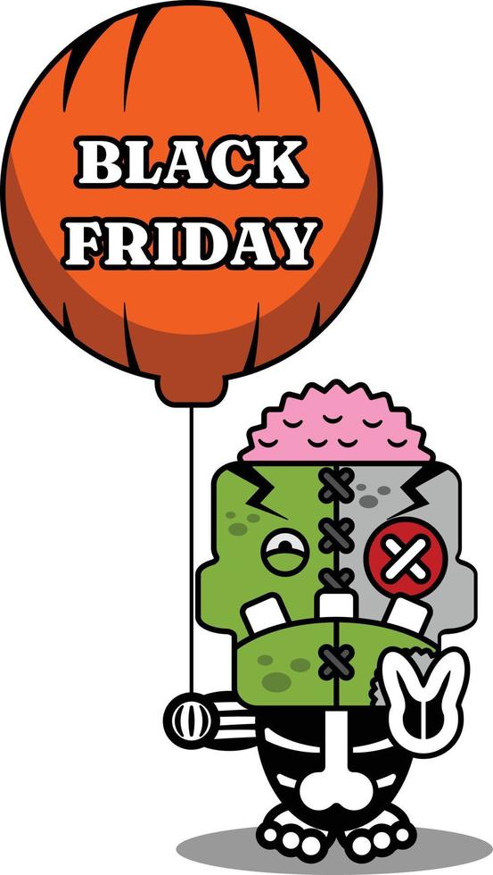 seriefigur kostym vektorillustration söt zombie docka maskot håller svart fredag ballong vektor