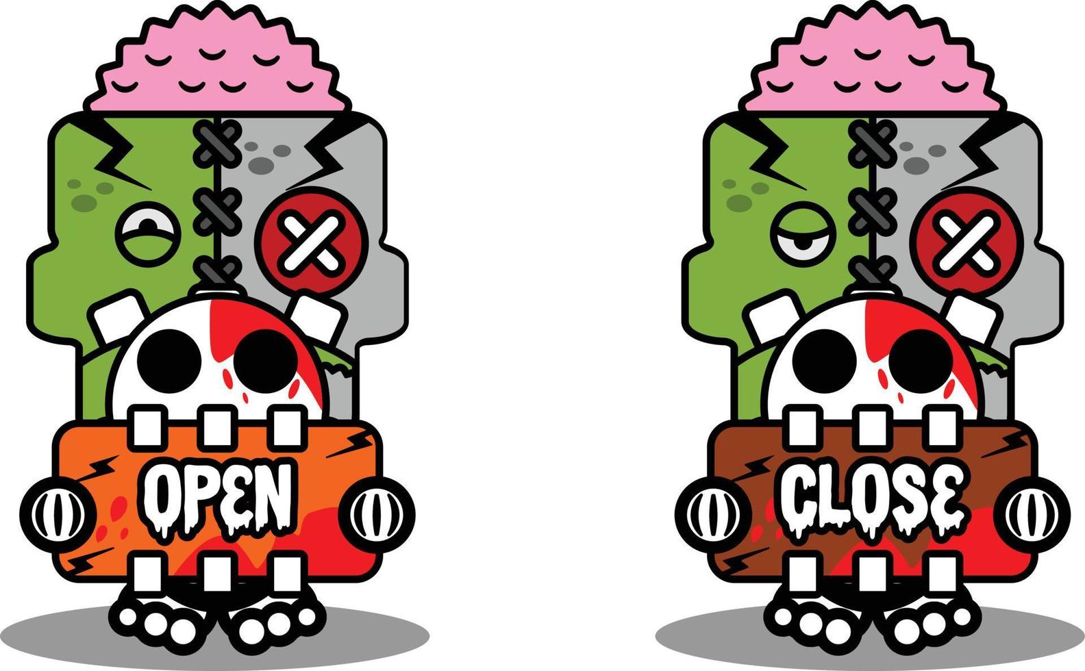 seriefigur kostym vektor illustration söt zombie docka maskot håller öppen stäng styrelse