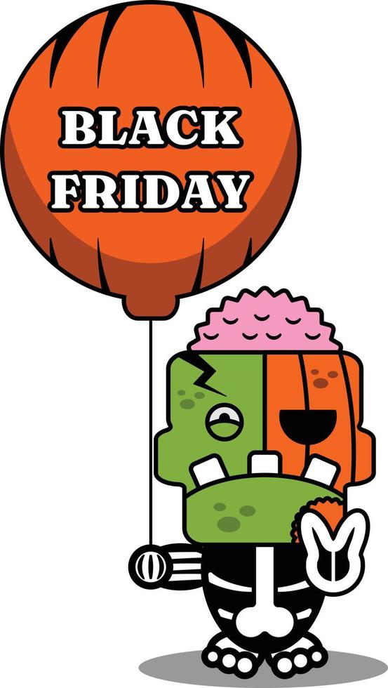 seriefigur kostym vektor illustration pumpa zombie maskot håller svart fredag ballong