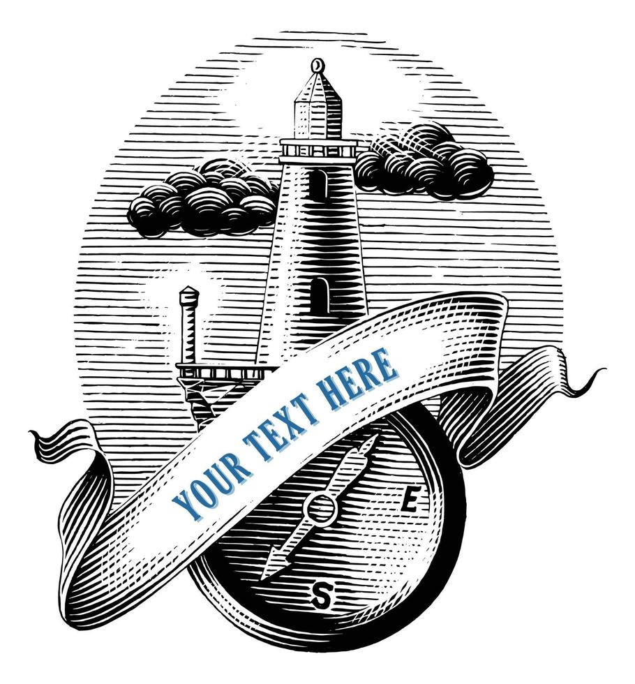 Leuchtturm mit Kompass-Logo Hand zeichnen Vintage-Gravur-Stil Schwarz-Weiß-ClipArt isoliert auf weißem Hintergrund vektor