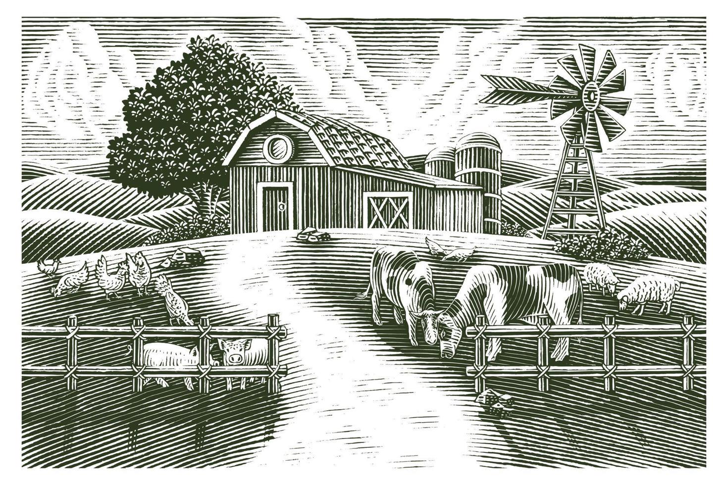 Landschaft der Tierfarm Hand zeichnen Vintage Gravur Stil Schwarz-Weiß-ClipArt isoliert auf weißem Hintergrund vektor