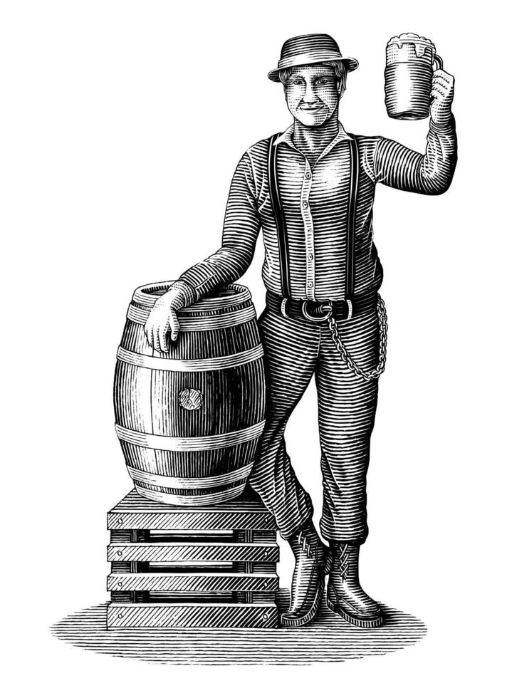 der mann, der neben einem eichenfass mit einem bierglas steht, zeichnet vintage gravurstil schwarz-weiß-clipart einzeln auf weißem hintergrund vektor