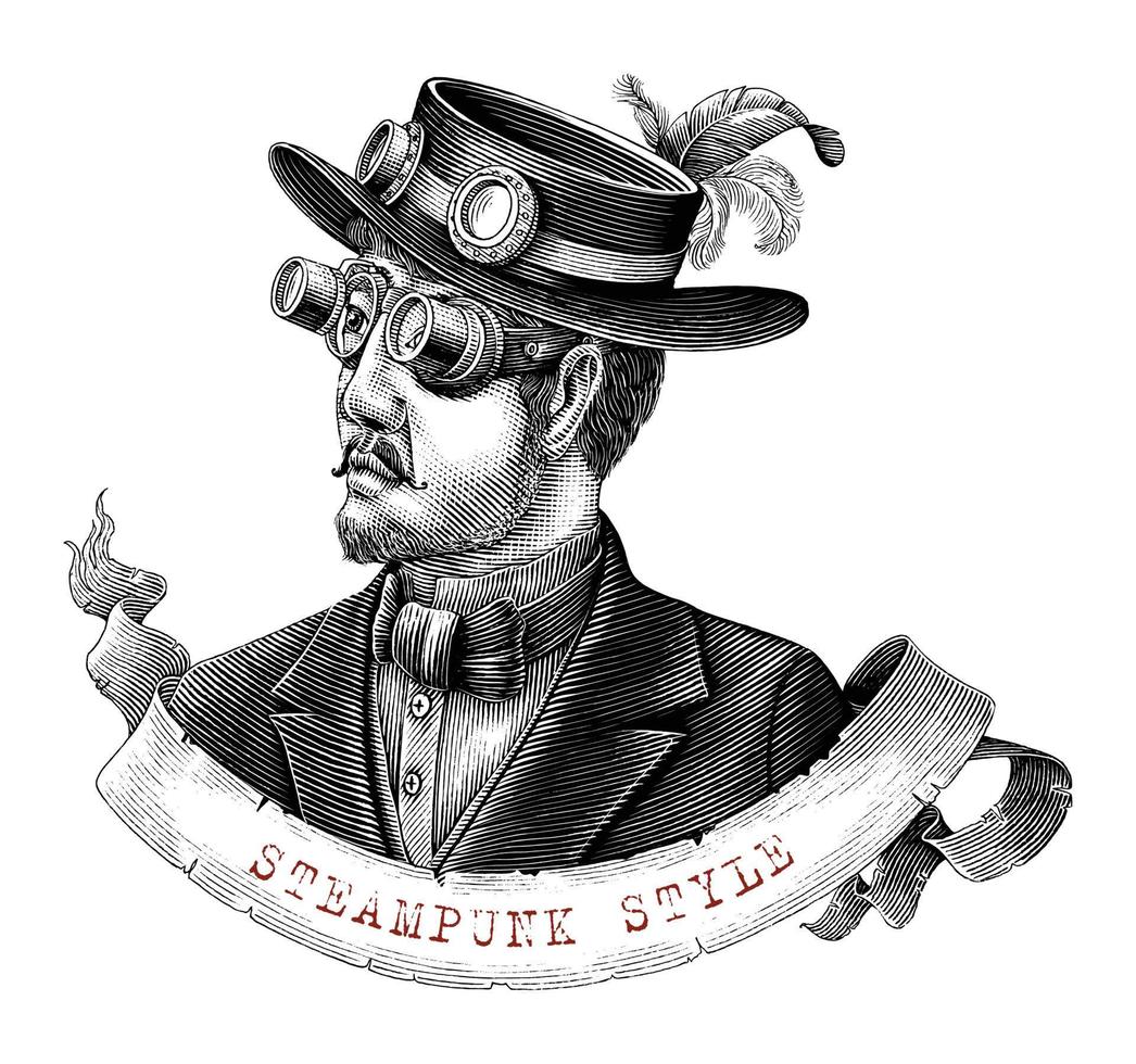 Männer in Steampunk-Kostümhand zeichnen Vintage-Gravur-Stil Schwarz-Weiß-ClipArt isoliert auf weißem Hintergrund vektor