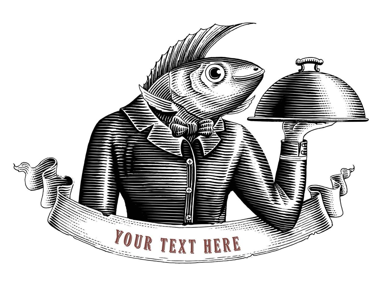 der kellner fisch mann logo hand zeichnen vintage gravur stil schwarz-weiß clipart isoliert auf weißem hintergrund vektor