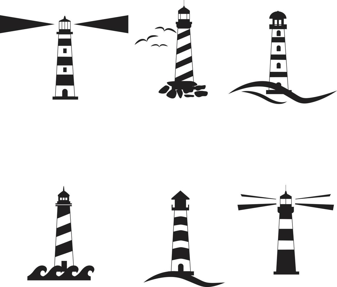 Leuchtturm-Symbol setzen. nautische Ikone. Leuchtturm-Logo. Turm Zeichen. Meeressymbol. vektor