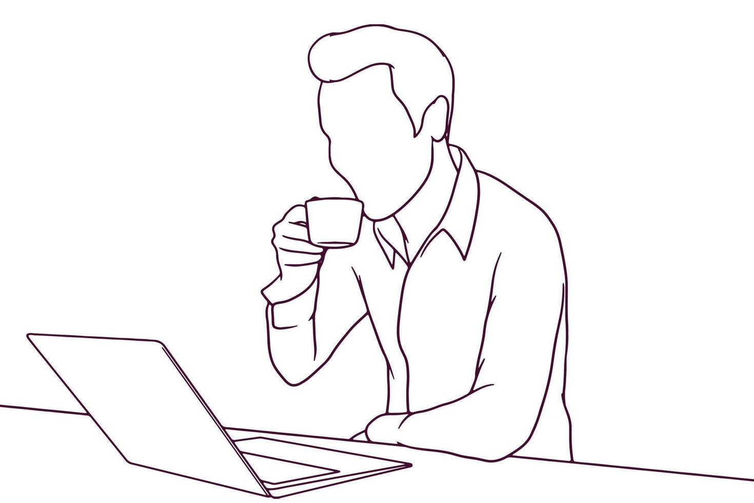 junger geschäftsmann trinkt kaffee, während er handgezeichnete stilvektorillustration arbeitet vektor