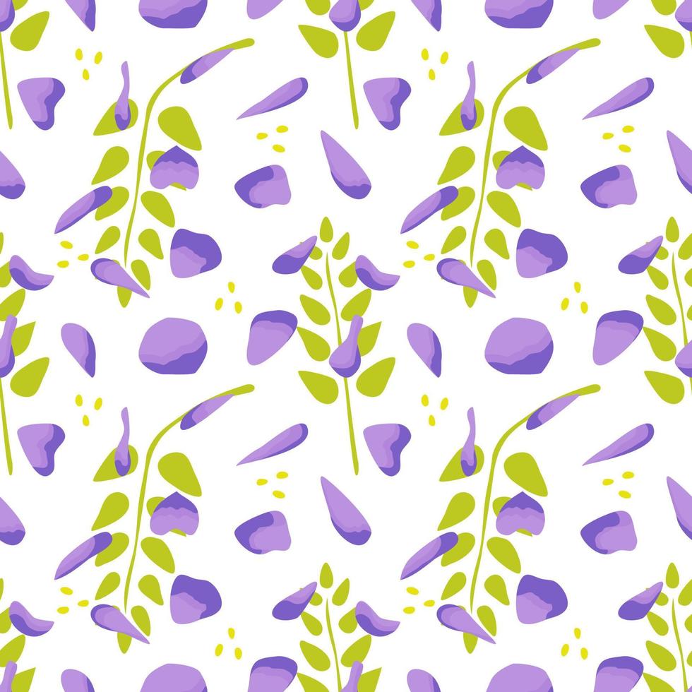 nahtloses Muster mit Blumen. Geschenkpapiermuster. lila Blütenblätter und grüne Blätter. vektor
