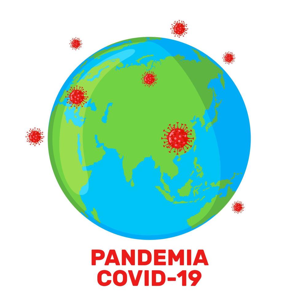 planeten jorden med coronavirus bakterier i platt stil isolerad på vit bakgrund. 2019-ncov-koncept. covid-19 pandemi. vektor illustration.