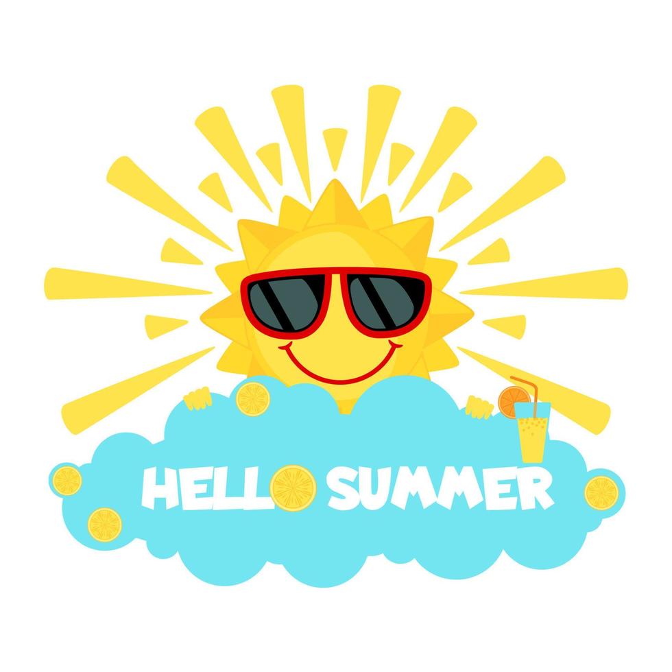 rolig sol med solglasögon och moln isolerad på vit bakgrund. leende tecknad sol. ikon i platt stil. Hej sommar. vektor illustration.