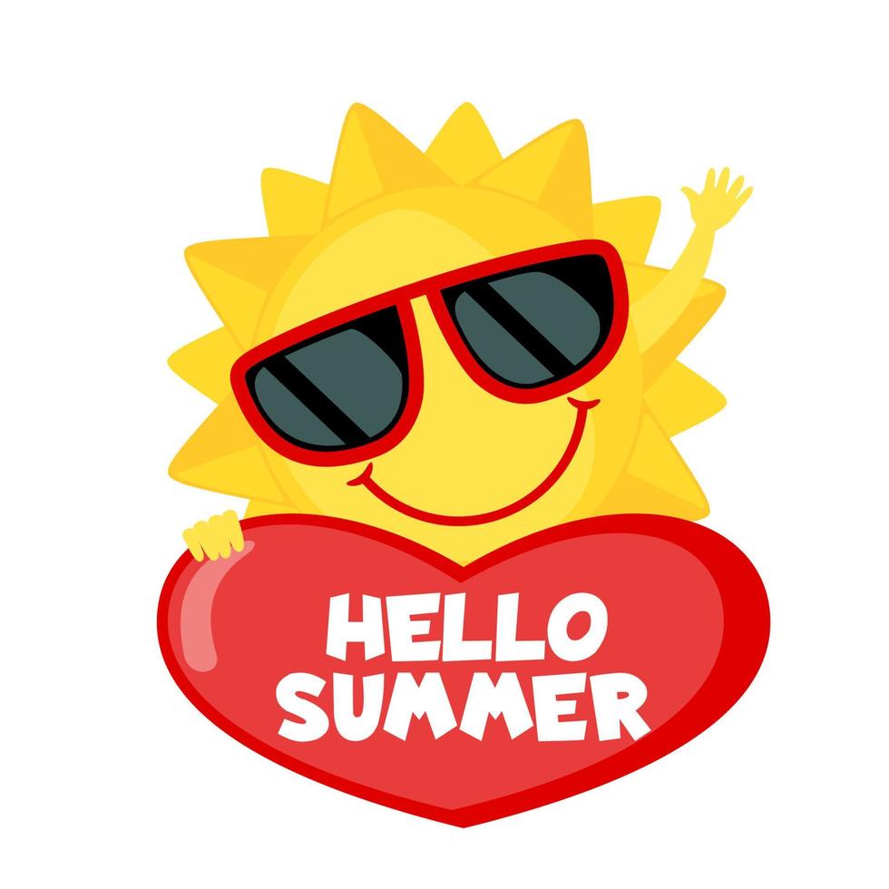 lustige Sonne mit Sonnenbrille und Herz isoliert auf weißem Hintergrund. lächelnde Cartoon-Sonne. Symbol im flachen Stil. Hallo Sommer. Vektor-Illustration. vektor