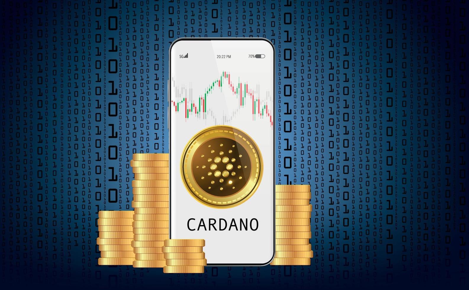 Handeln Sie die Cardano-Kryptowährung Ada auf Ihrem Mobiltelefon über das Kryptowährungssystem. Wachstumsdiagramm auf dem Hintergrund des Binärcodes. vektor