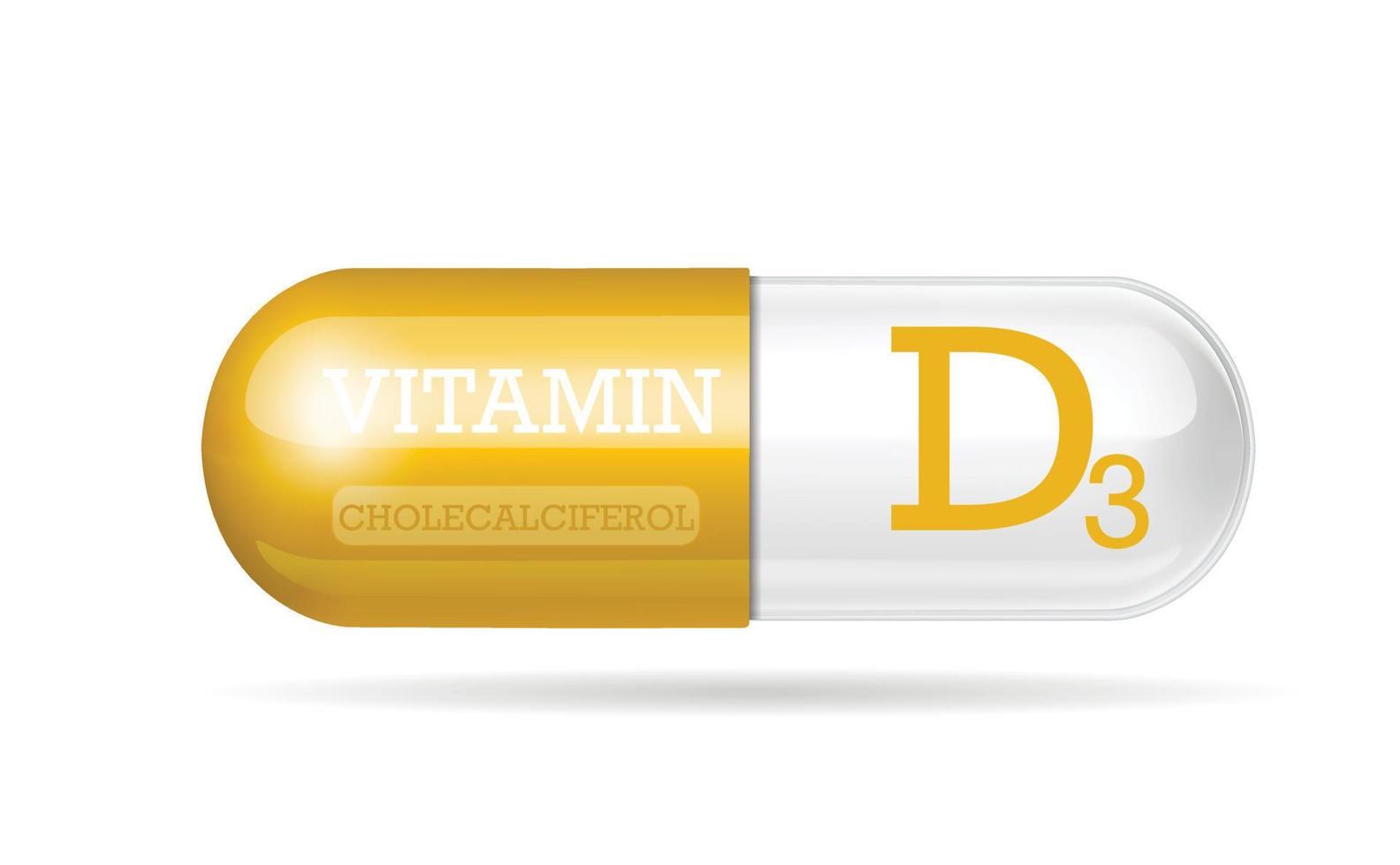 vitamin d3, kolekalciferol, tvåfärgad kapsel, tabletter, kosttillskott, på en vit bakgrund. vektor illustration