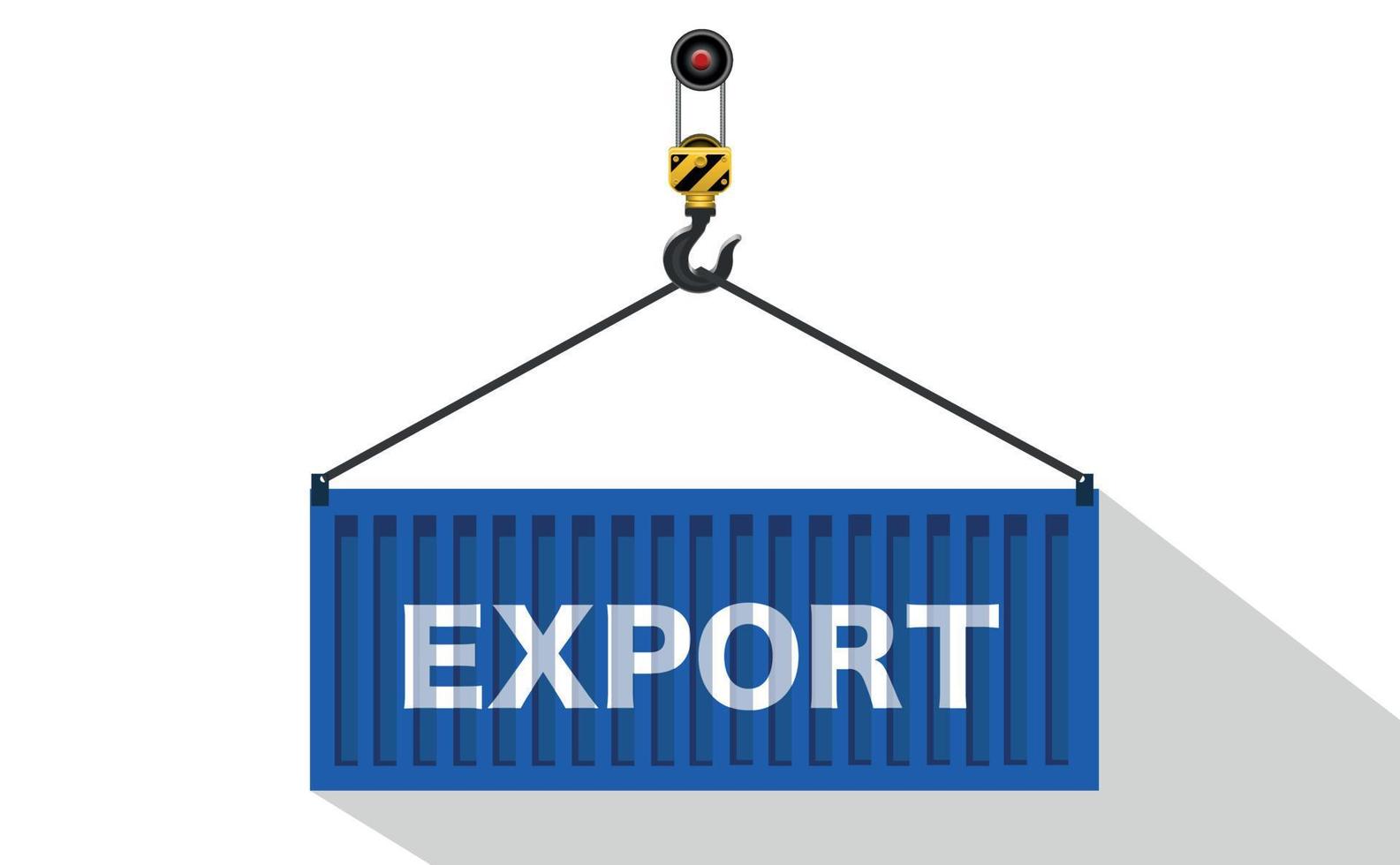 hamnkran lyfter en blå lastcontainer med ordet export. logistik koncept. vit bakgrund. vektor illustration