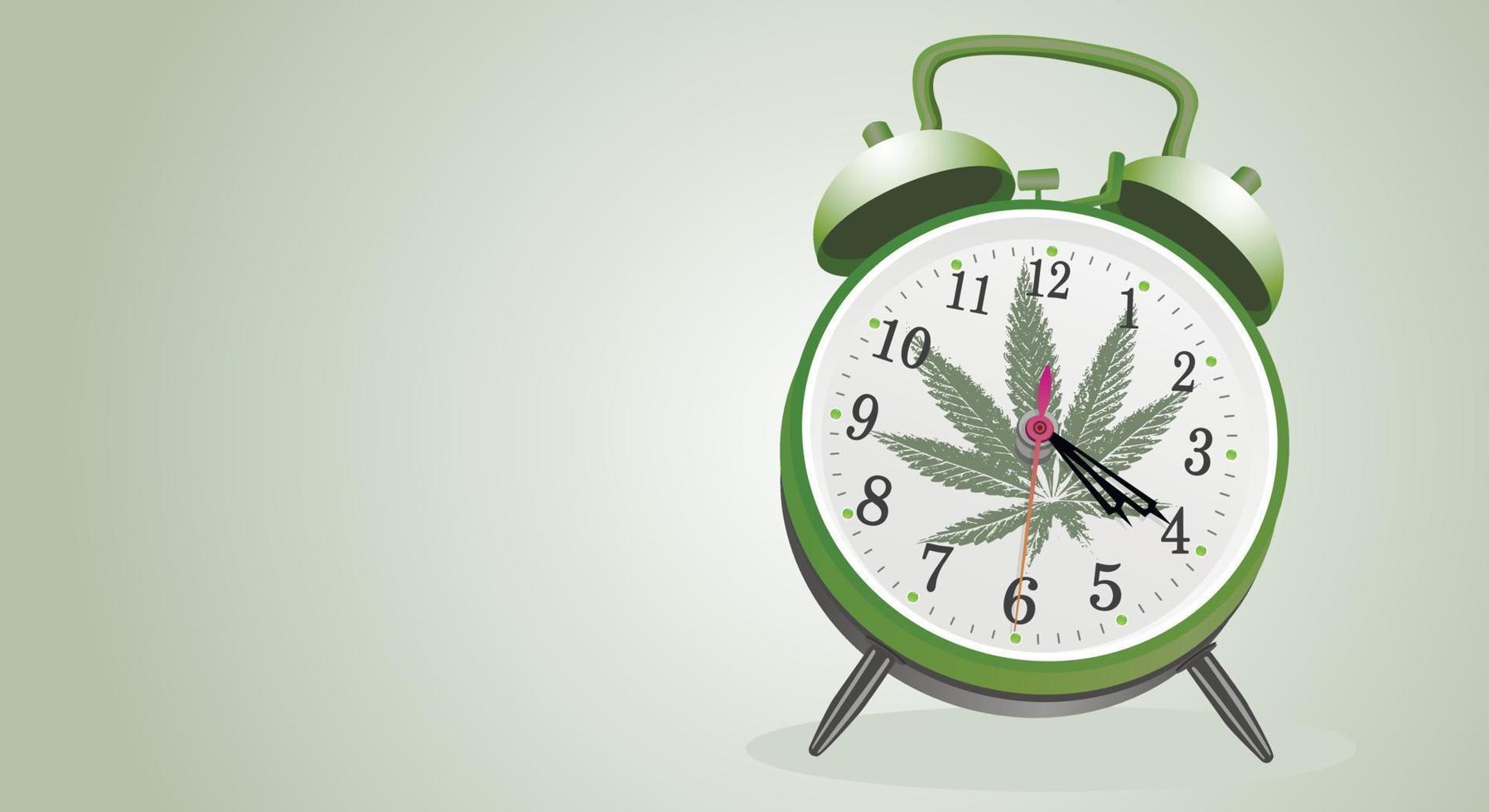 marijuanablad, medicinsk cannabis på en klassisk väckarklocka med visare som visar tiden 4 timmar 20 minuter. cannabis på nätet. klassisk bakgrund. kopieringsutrymme. vektor illustration