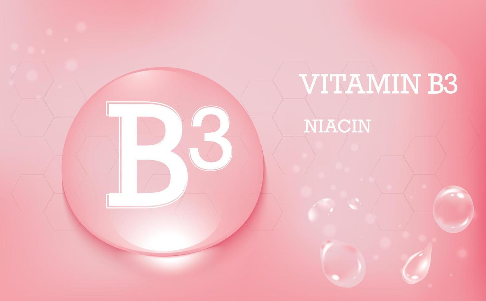 vitamin b3, niacin för hälsan. vattendroppar med vitamintext på en rosa gradientbakgrund. affisch. vektor illustration