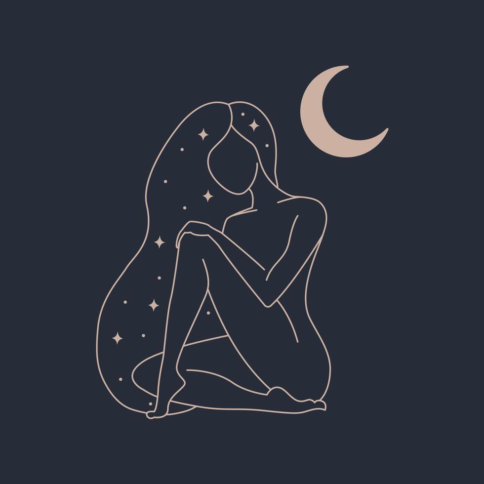 kvinnligt koncept moon girl illustration, vacker esoterisk kvinnlig siluett och logotyp mall vektor