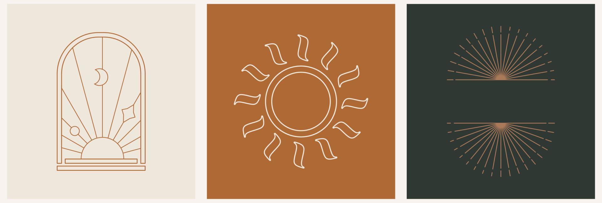 mystisk linjär set mall logotyp som geometrisk solnedgång, bågar abstrakt i trendig linjär minimal esoterisk stil. himmelskt och magiskt abstrakt tryck. vektor