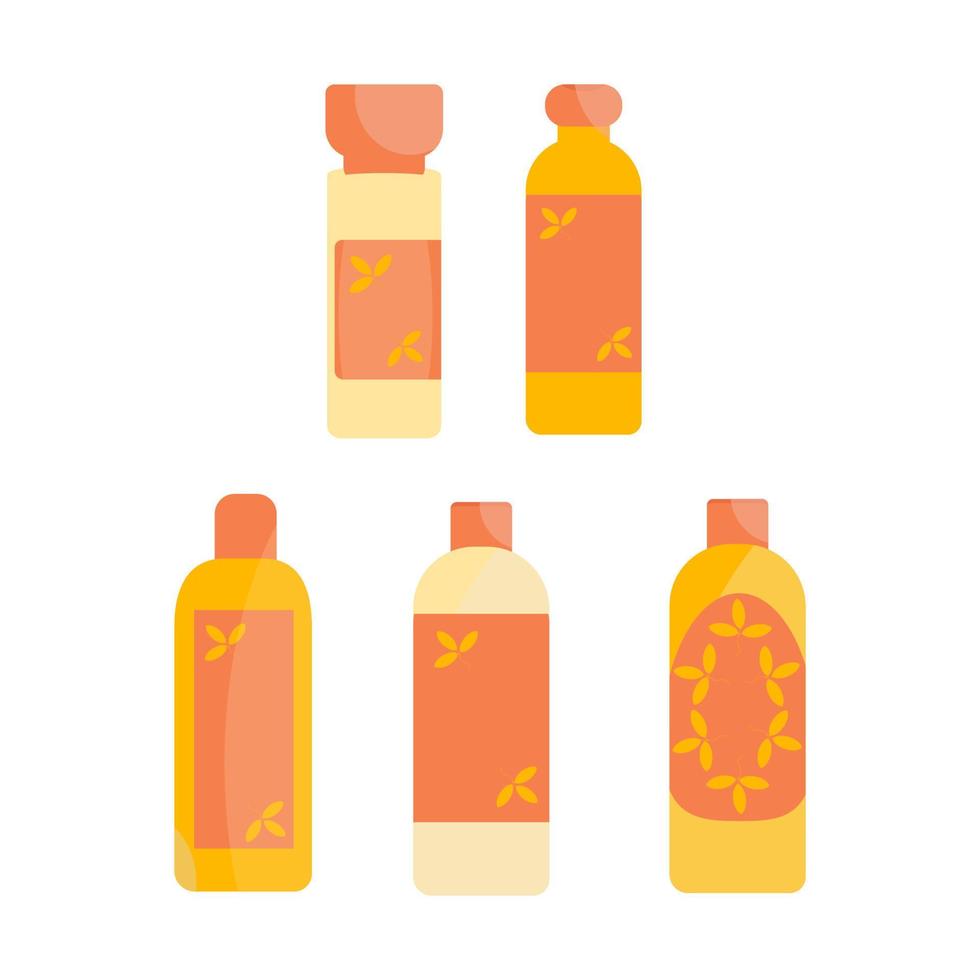 set med flaskor för kosmetika och vårdprodukter i gul-orange färg vektor