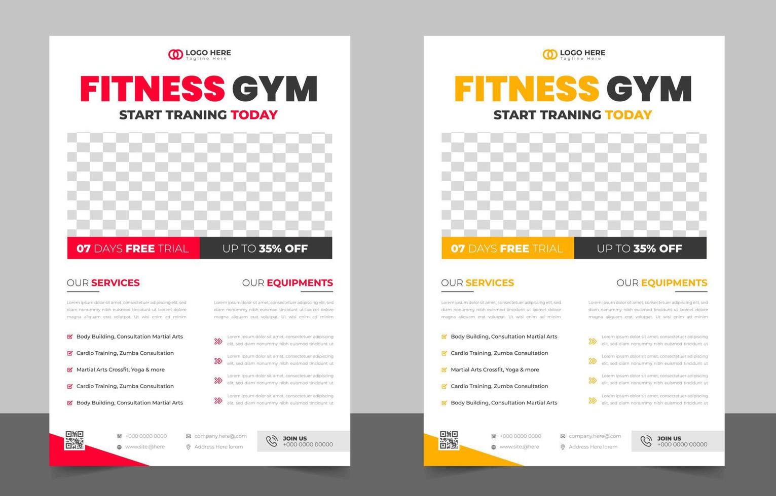 fitness gym flyer mall med svart, röd och gul färg, gym, träning, fitness och sport flyer. fitness gym business flyer design med unik form. vektor