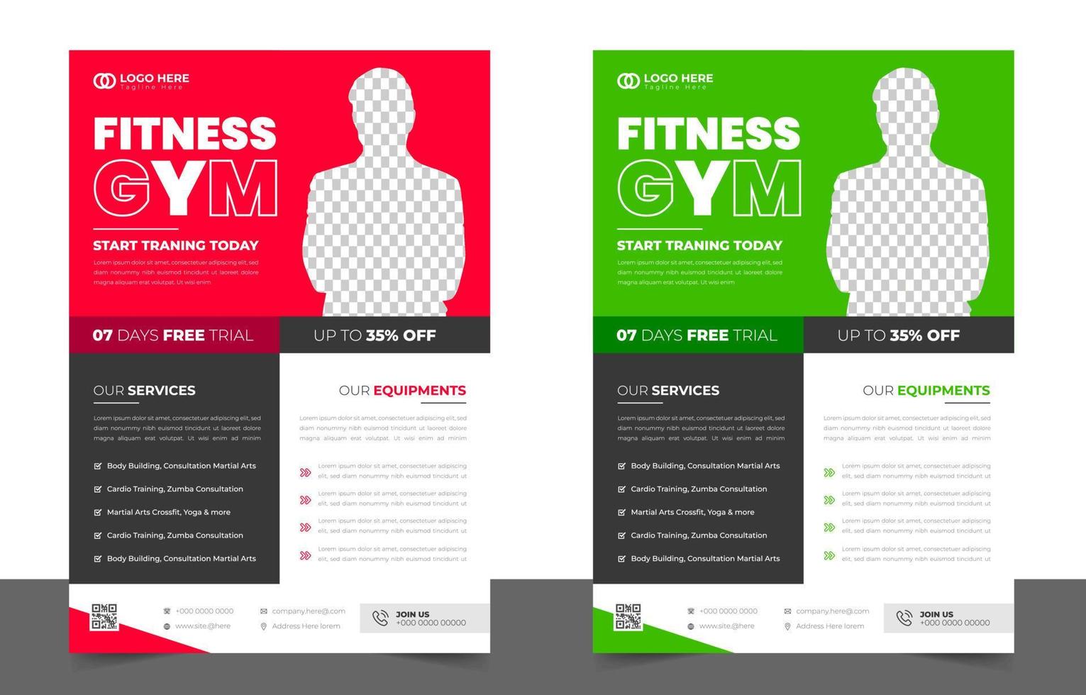 Flyer-Vorlage für Fitnessstudios mit schwarzer, roter und grüner Farbe, Fitnessstudio, Training, Fitness und Sportflyer. Fitness-Studio-Business-Flyer-Design mit einzigartiger Form. vektor