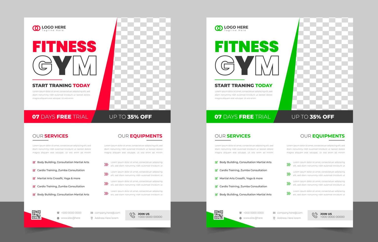 Flyer-Vorlage für Fitnessstudios mit schwarzer, roter und grüner Farbe, Fitnessstudio, Training, Fitness und Sportflyer. Fitness-Studio-Business-Flyer-Design mit einzigartiger Form. vektor