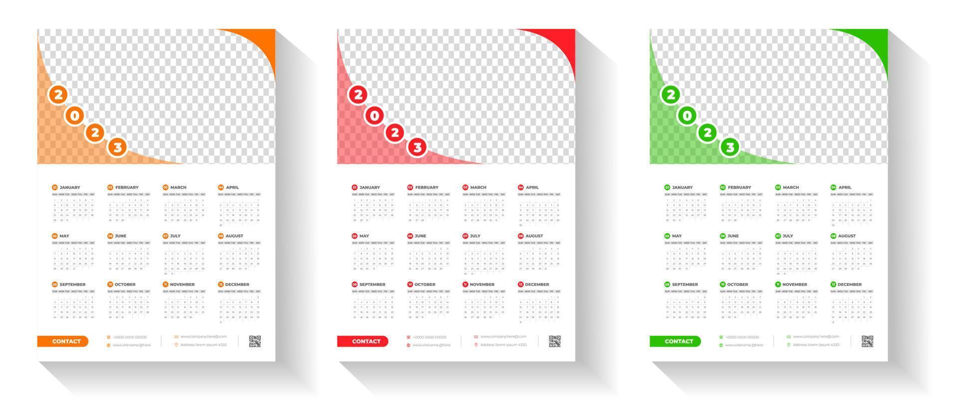 2023 väggkalender designmall med röd, grön och orange färg vektor