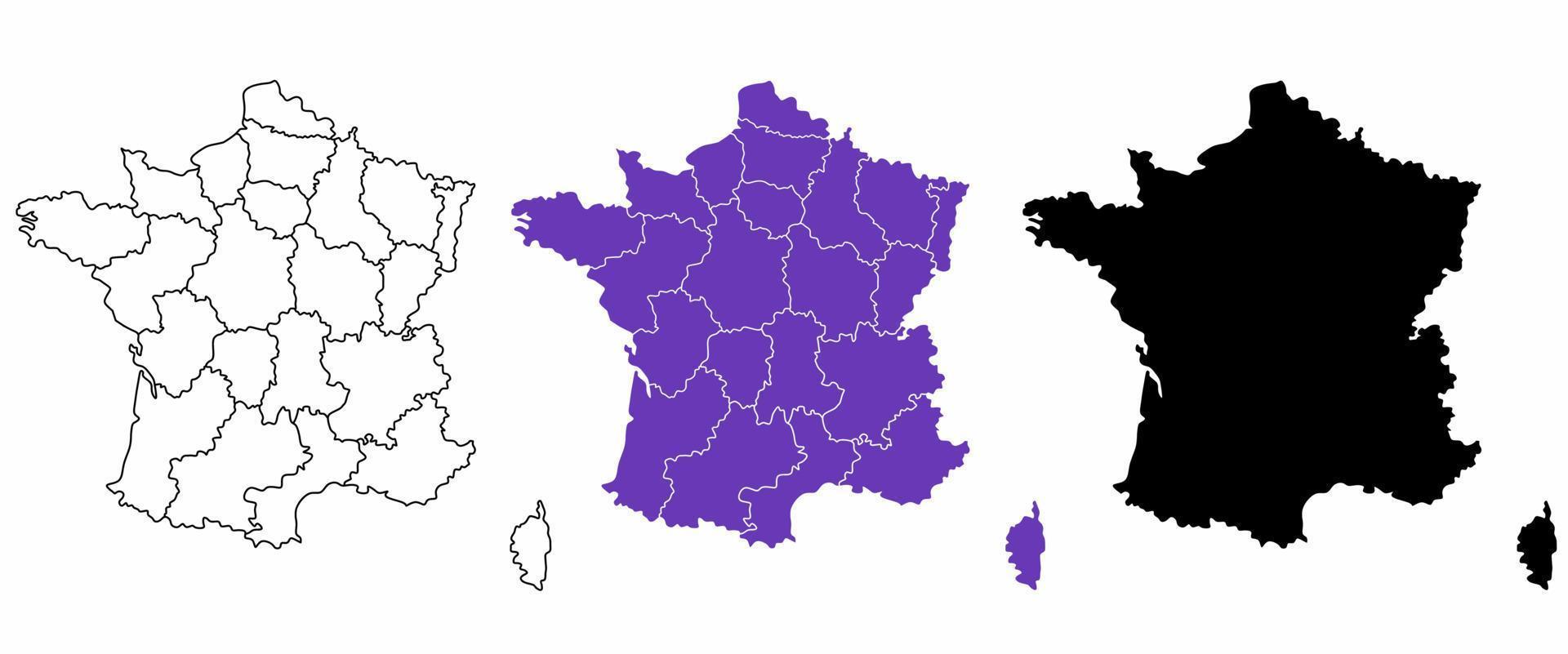 frankreich-kartensatz mit grenzen der regionen lokalisiert auf weißem hintergrund vektor