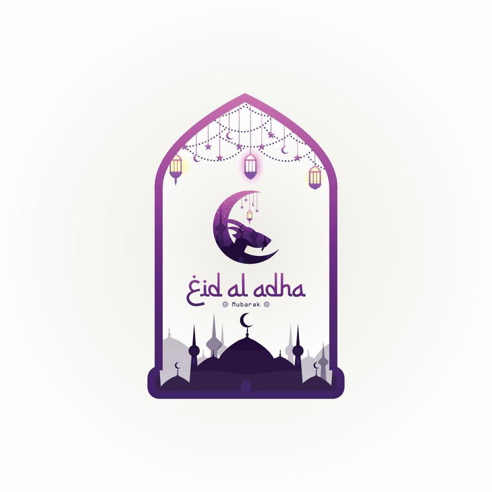 eid al-adha mit ziegenkopf, islamischem rahmen, moschee, mondsternen und laternen. geeignet für Banner, Poster, Broschüren, Verkaufsbroschüren-Vorlagen-Set vektor