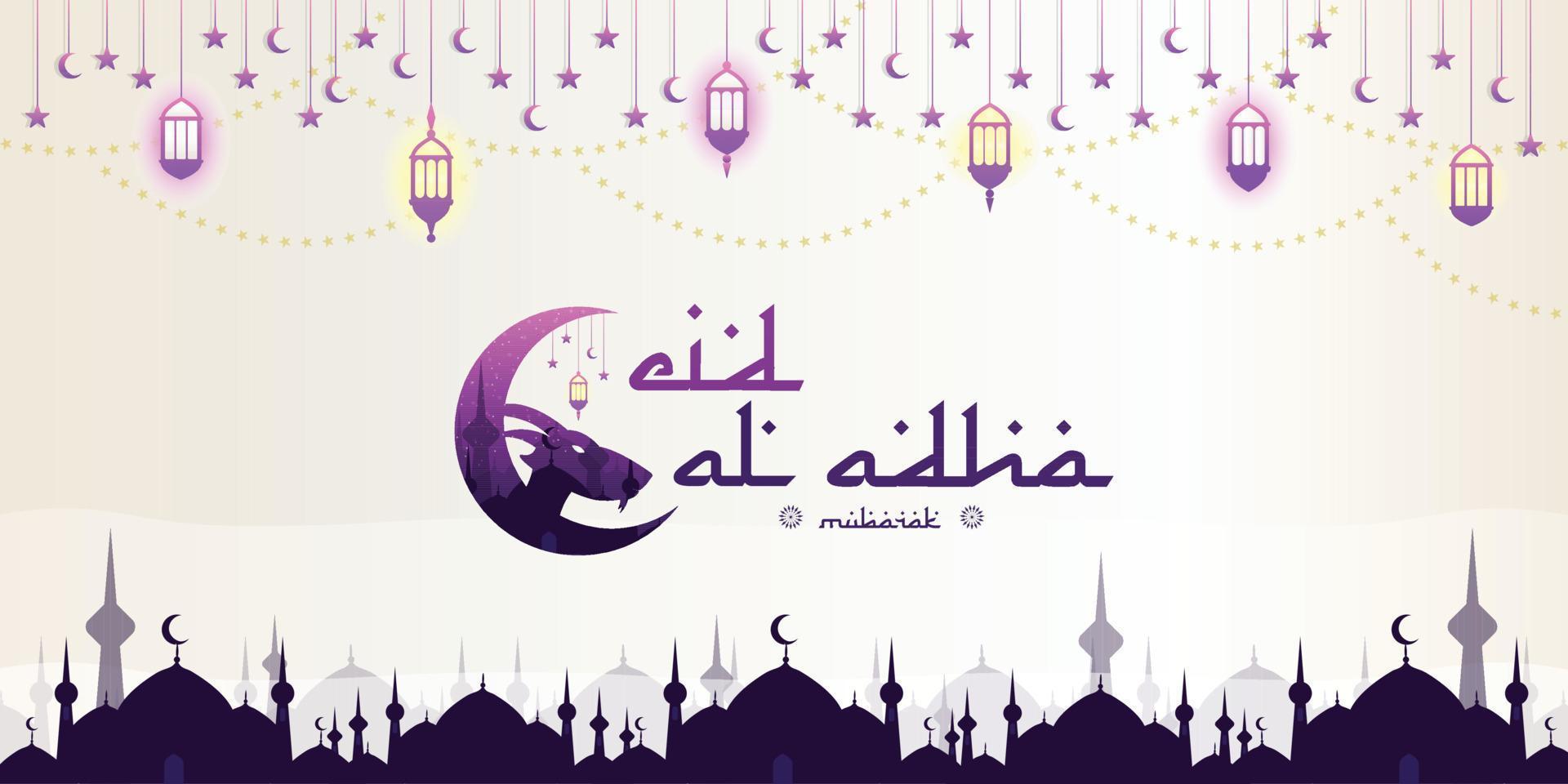 eid al-adha inte en sömlös design med gethuvud, moské, månstjärnor och lyktor. lämplig för banderoller, affischer, broschyrer, försäljningsbroschyrmallar vektor