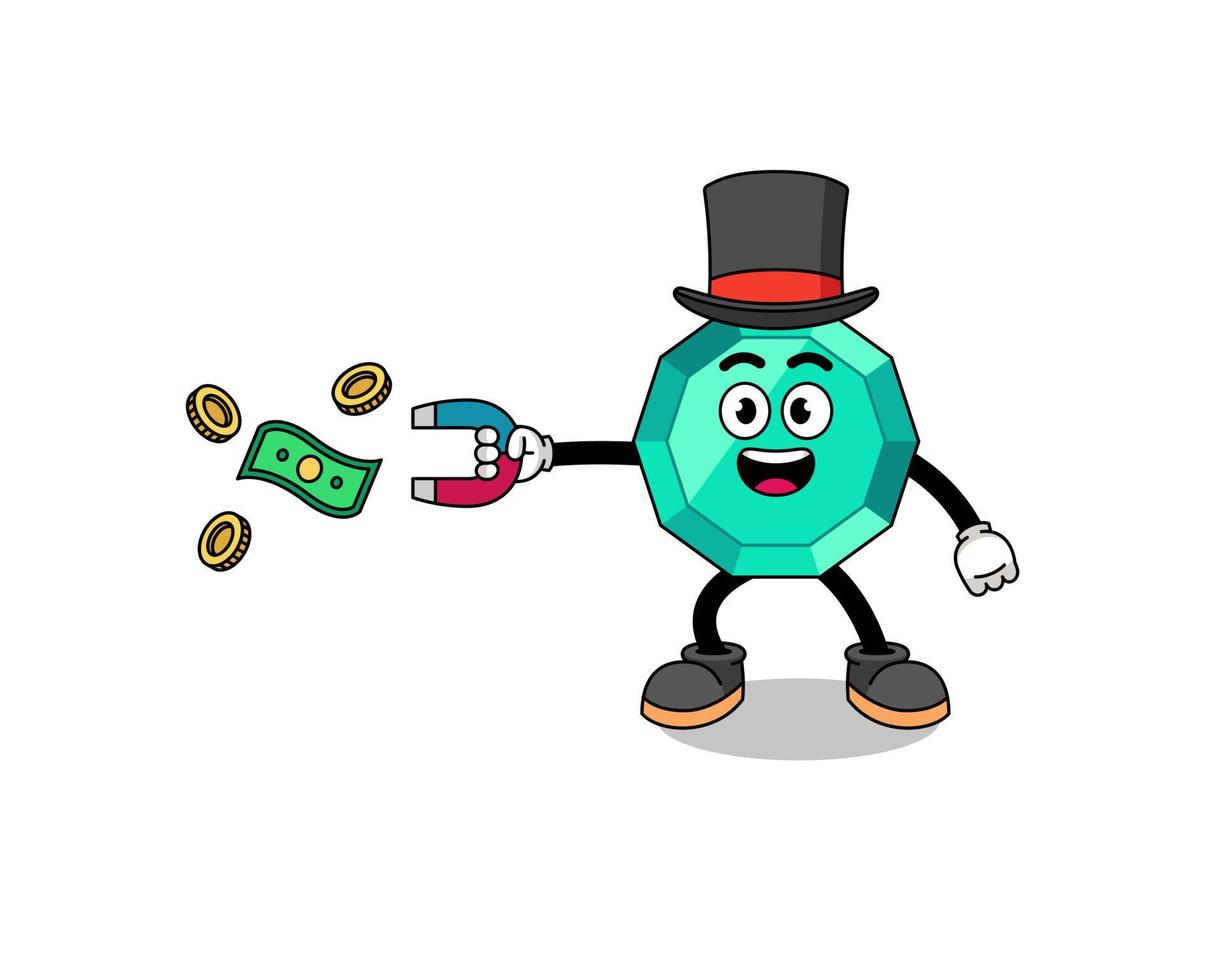 karaktär illustration av smaragd ädelsten fånga pengar med en magnet vektor