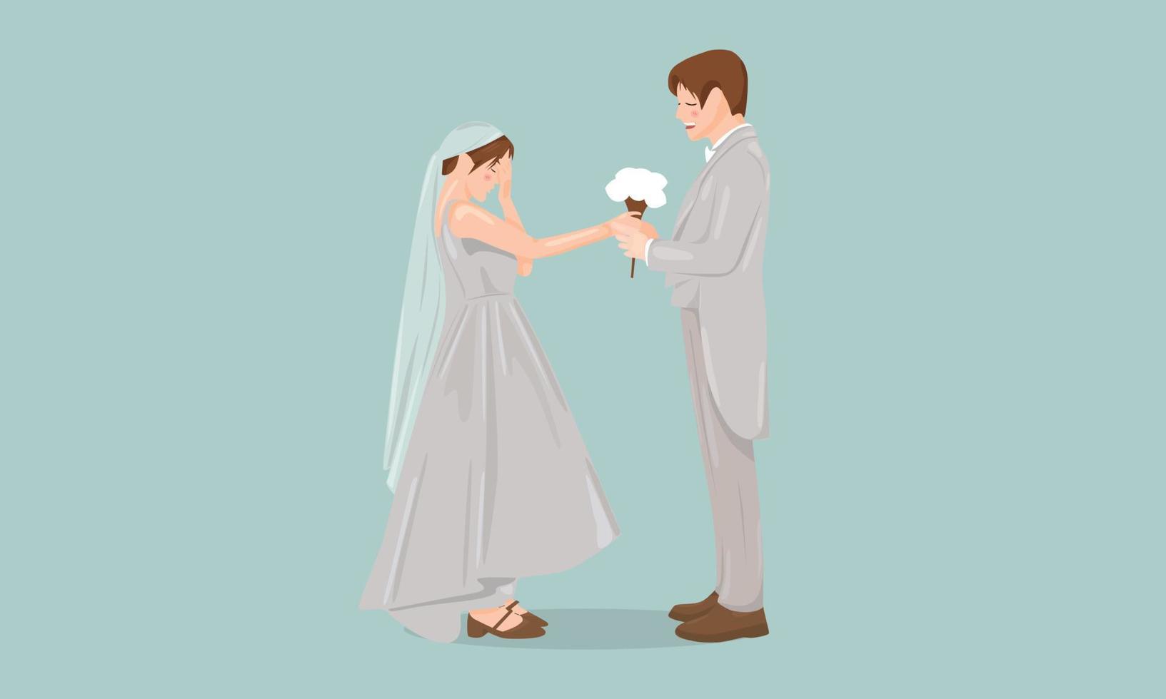 ein bräutigam gibt der braut einen blumenstrauß auf hochzeit erwachsener in grauen kleiderpaaren vektor