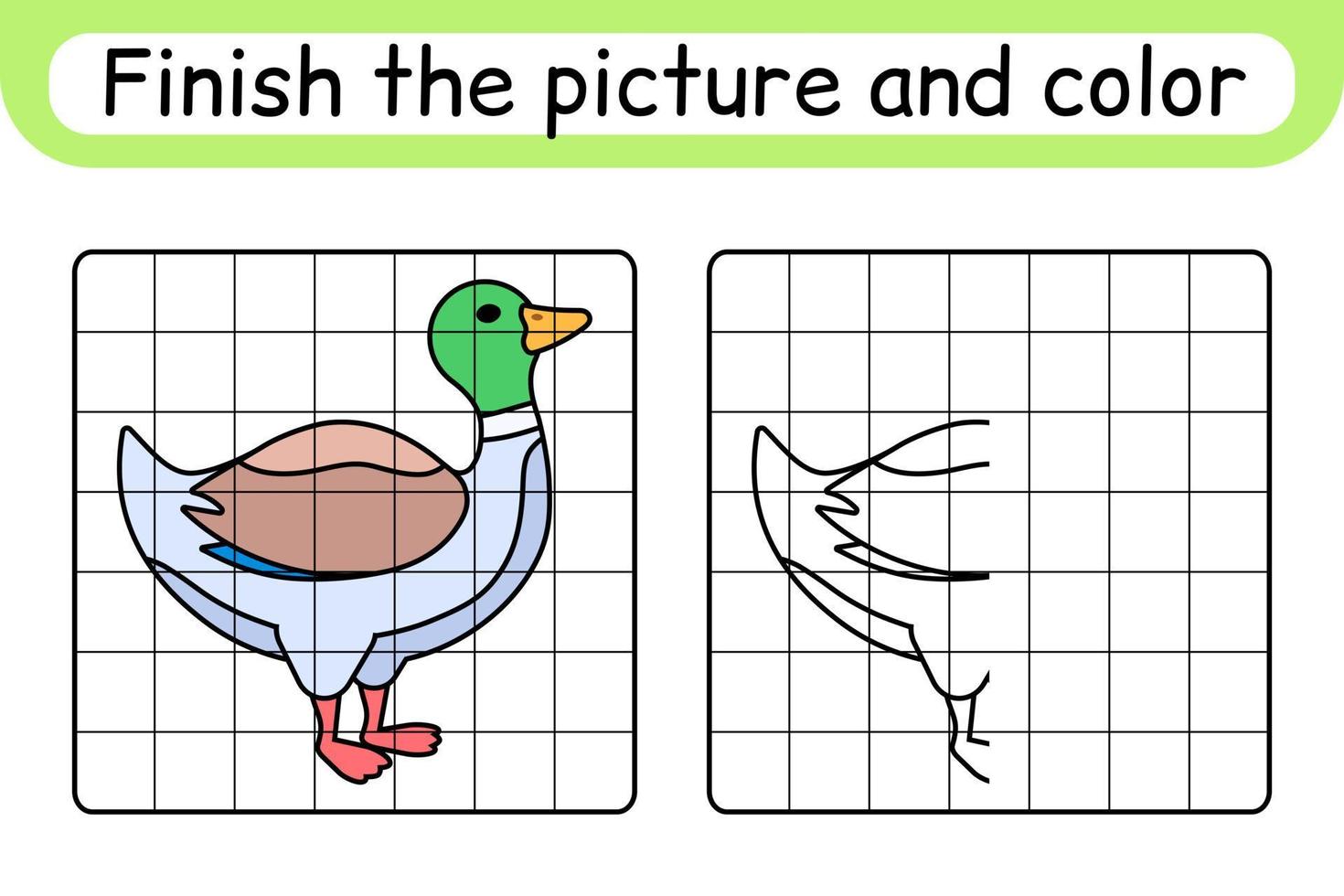 slutföra bilden anka. kopiera bilden och färgen. avsluta bilden. målarbok. pedagogiskt ritövningsspel för barn vektor