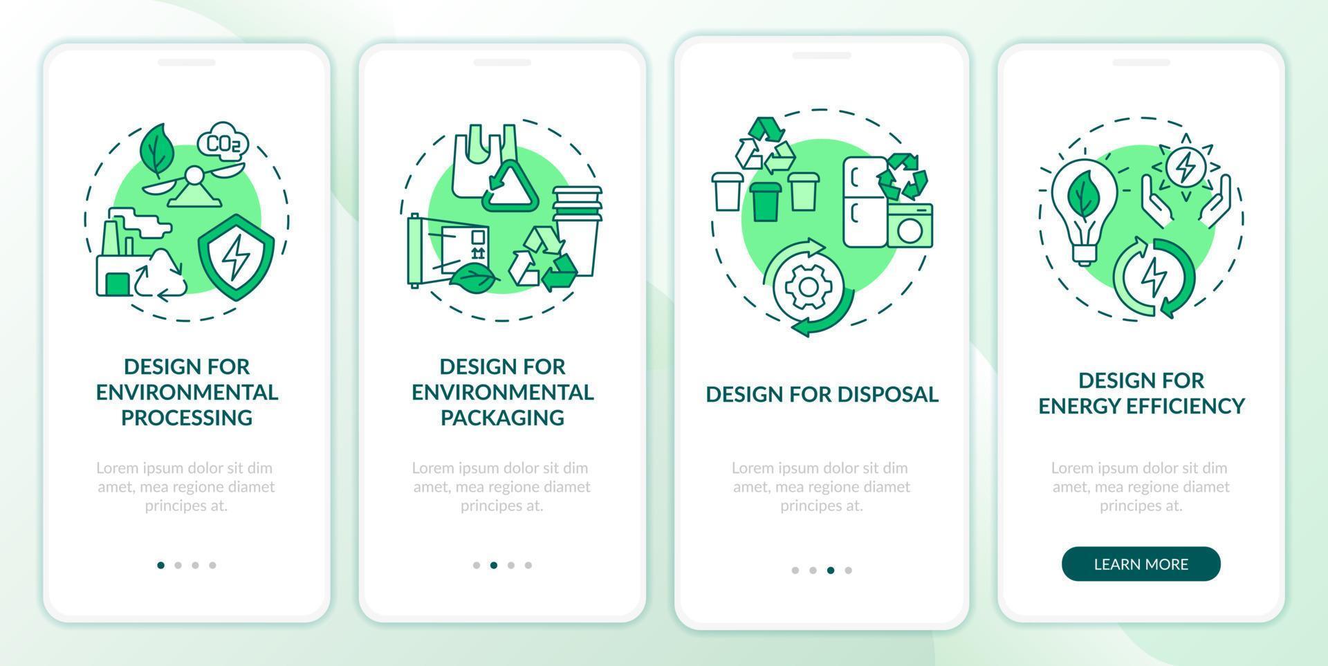 design für den umweltgrünen onboarding-bildschirm der mobilen app. Eco Industry Walkthrough 4 Schritte grafische Anleitungsseiten mit linearen Konzepten. ui, ux, gui-Vorlage. vektor