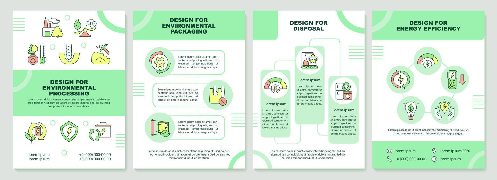 design für umwelt grüne broschürenvorlage. umweltfreundlicher Ansatz. Broschürendesign mit linearen Symbolen. 4 Vektorlayouts für Präsentationen, Jahresberichte. vektor