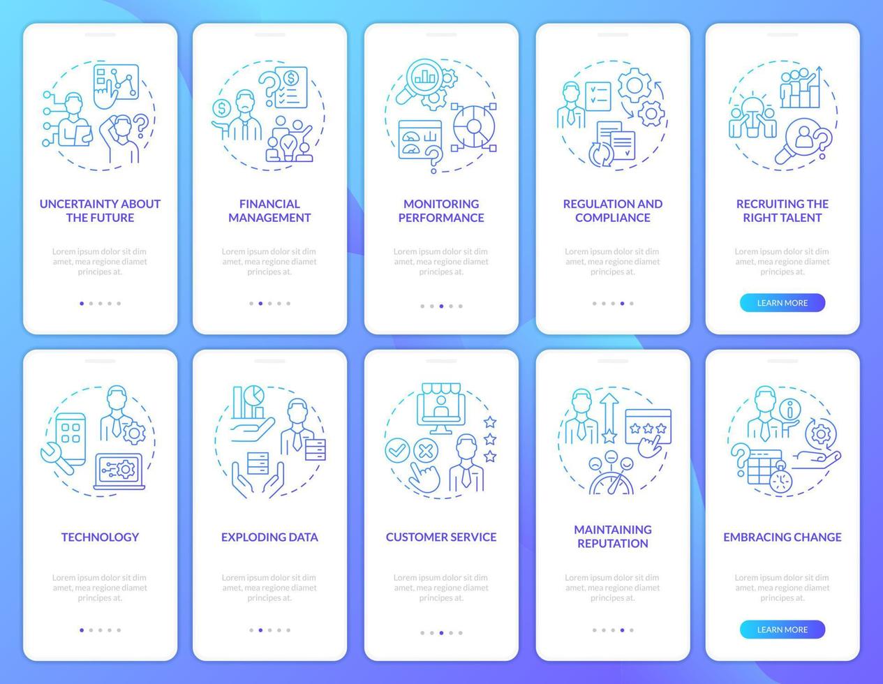 affärsutmaningar blå gradient onboarding mobilapp skärmuppsättning. genomgång 5 steg grafiska instruktioner sidor med linjära koncept. ui, ux, gui mall. vektor