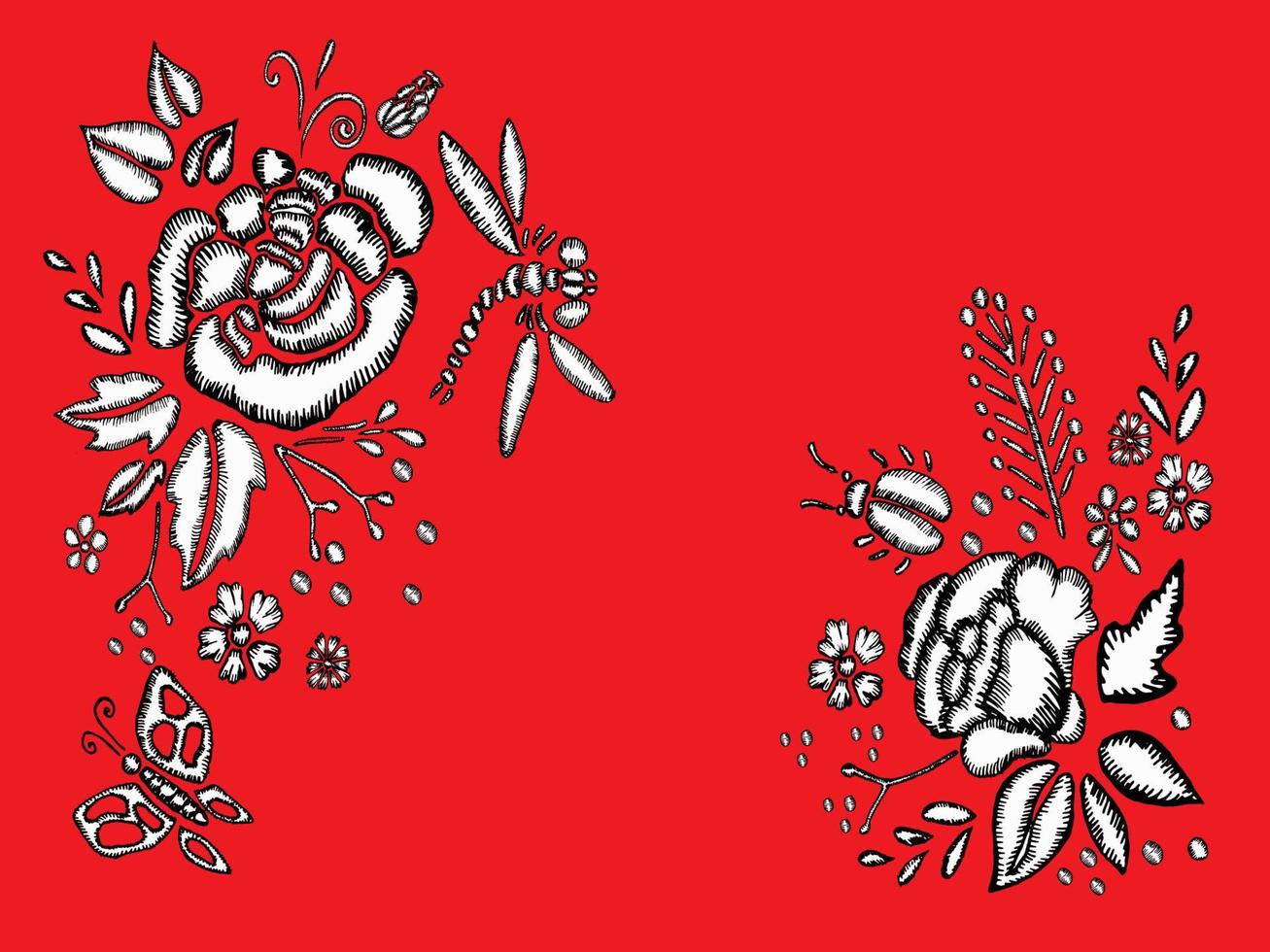 Stickstiche mit Rosen, Wiesenblumen, Libellen, Schmetterlingen, Käfern. hand gezeichnete vektormodeillustration auf rotem hintergrund. für Stoff, Textildekoration. vektor