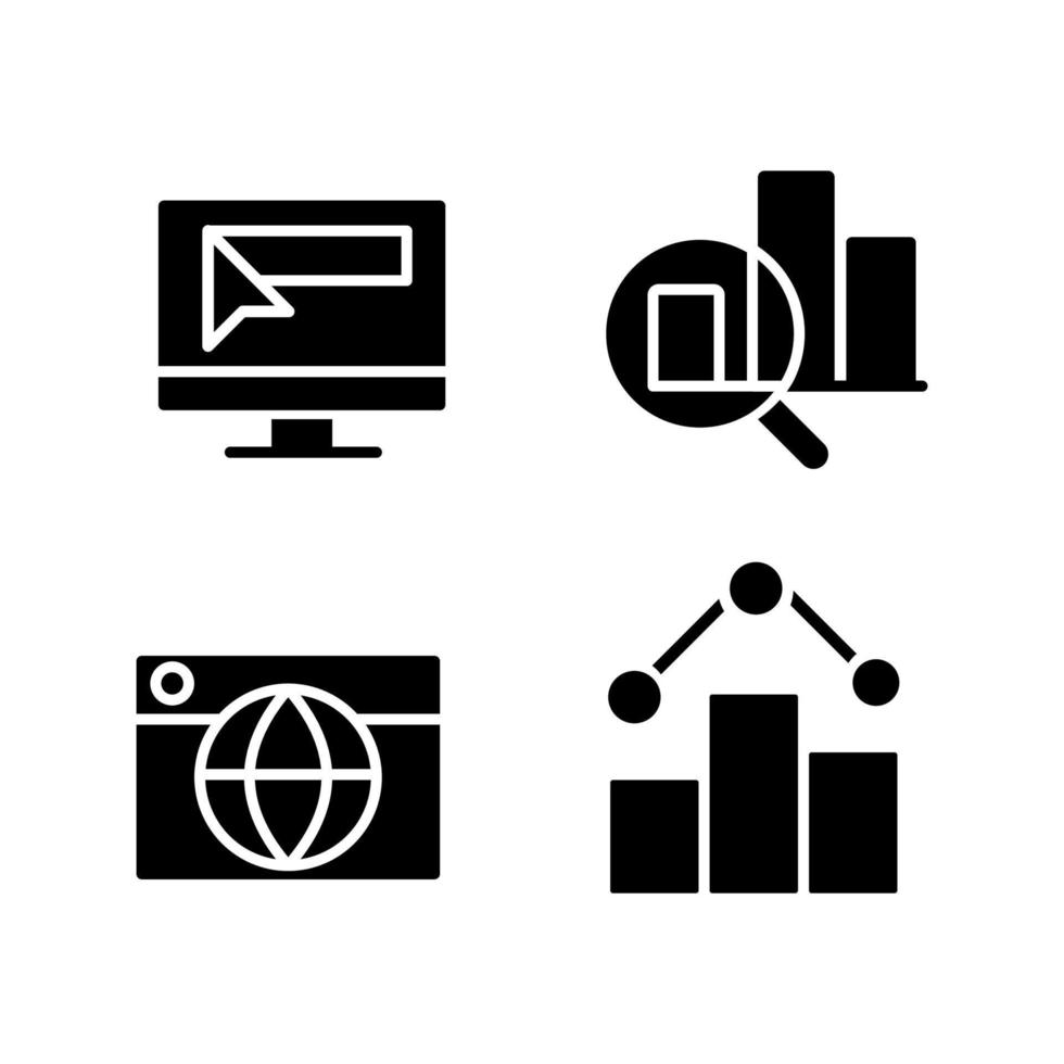 företag online teknik svart glyf ikoner på vitt utrymme. marknadsföring och analyser. digital datasäkerhet. siluett symboler. solid piktogram förpackning. vektor isolerade illustration