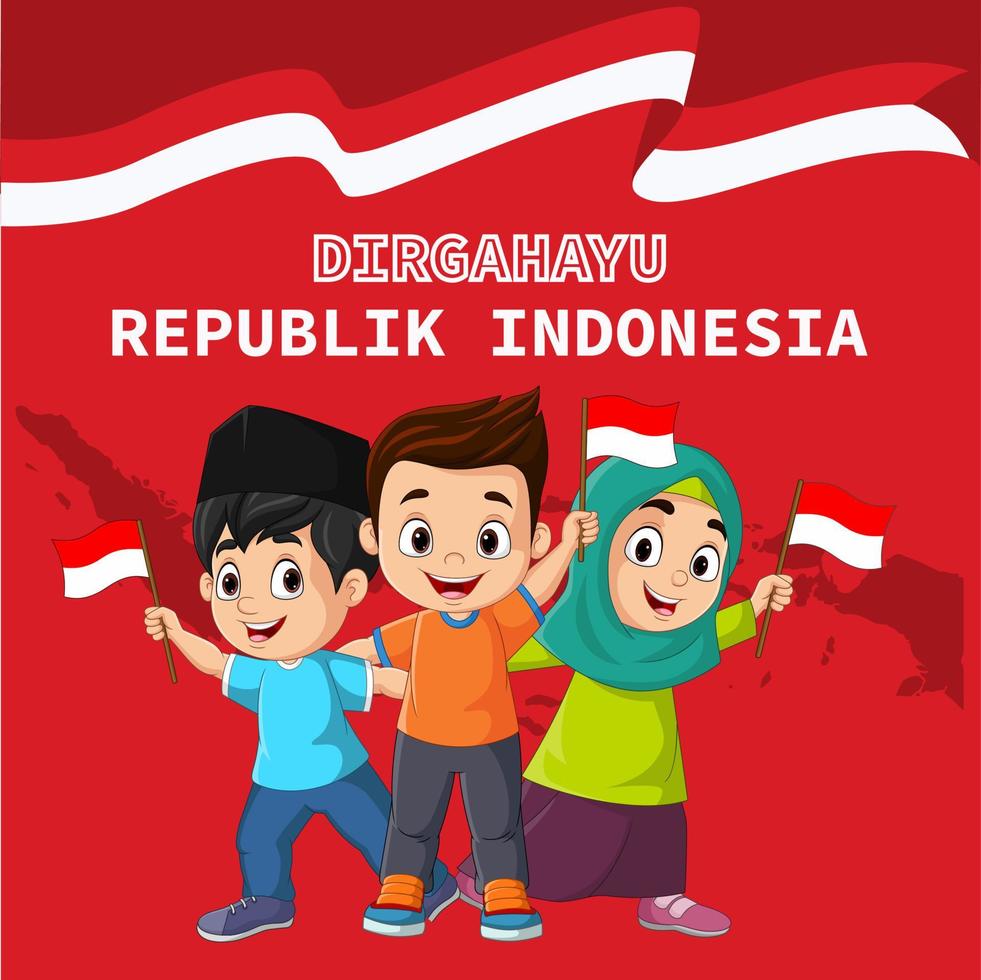 fröhlichen Unabhängigkeitstag. Gruppe von Kindern, die eine indonesische Flagge halten vektor