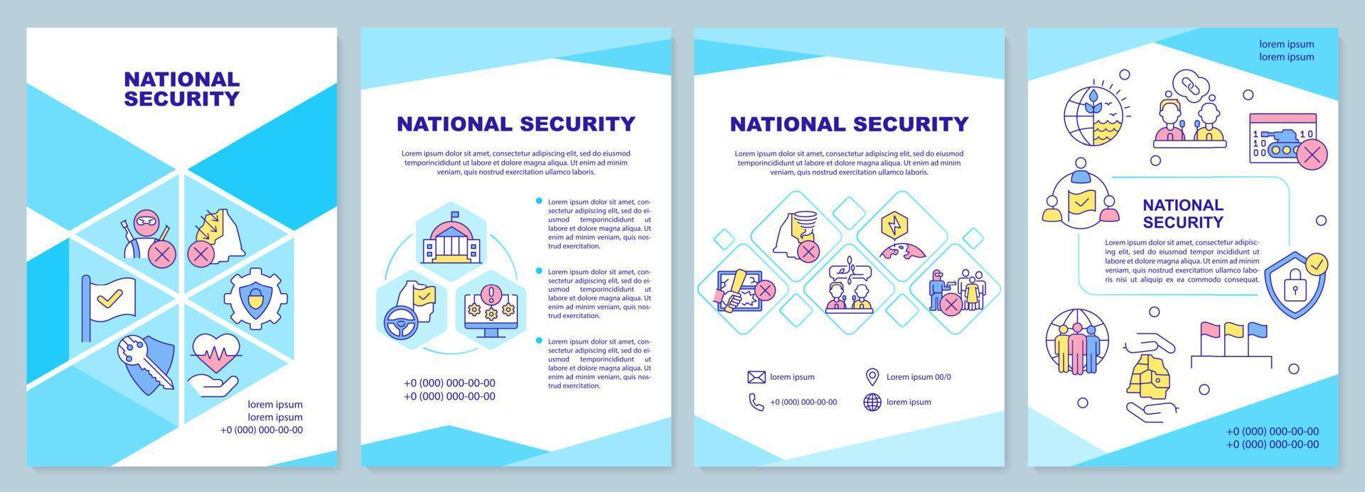 blaue broschürenvorlage zur nationalen sicherheit. staatlicher Schutz. Broschürendesign mit linearen Symbolen. 4 Vektorlayouts für Präsentationen, Jahresberichte. vektor