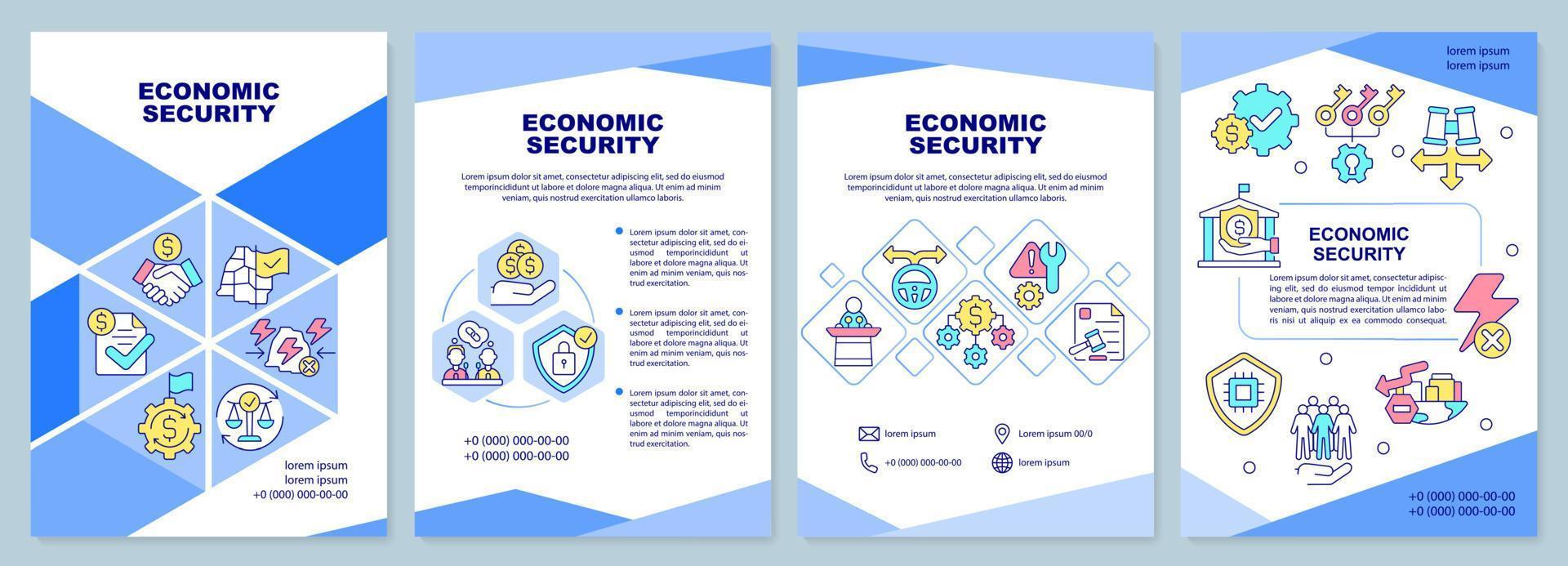 blaue broschürenvorlage zur wirtschaftlichen sicherheit. nationale Sicherheit. Broschürendesign mit linearen Symbolen. 4 Vektorlayouts für Präsentationen, Jahresberichte. vektor