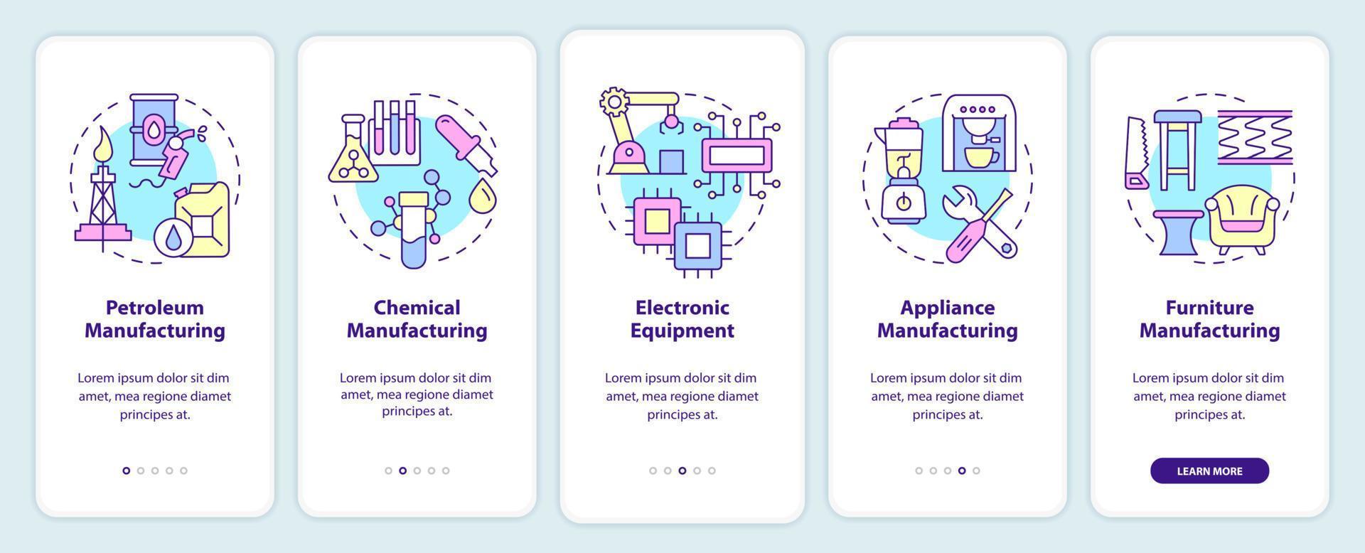 produktionsundersektorer på mobilappskärmen. tillverkningsgenomgång 5 steg grafiska instruktioner sidor med linjära koncept. ui, ux, gui mall. vektor