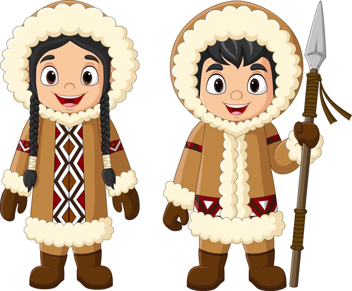 karikatur-eskimo-kinder, die traditionelle kleidung tragen vektor